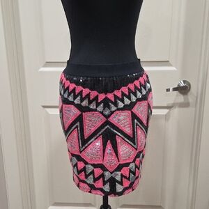 bebe Black and Pink Sequin Bodycon Skirt